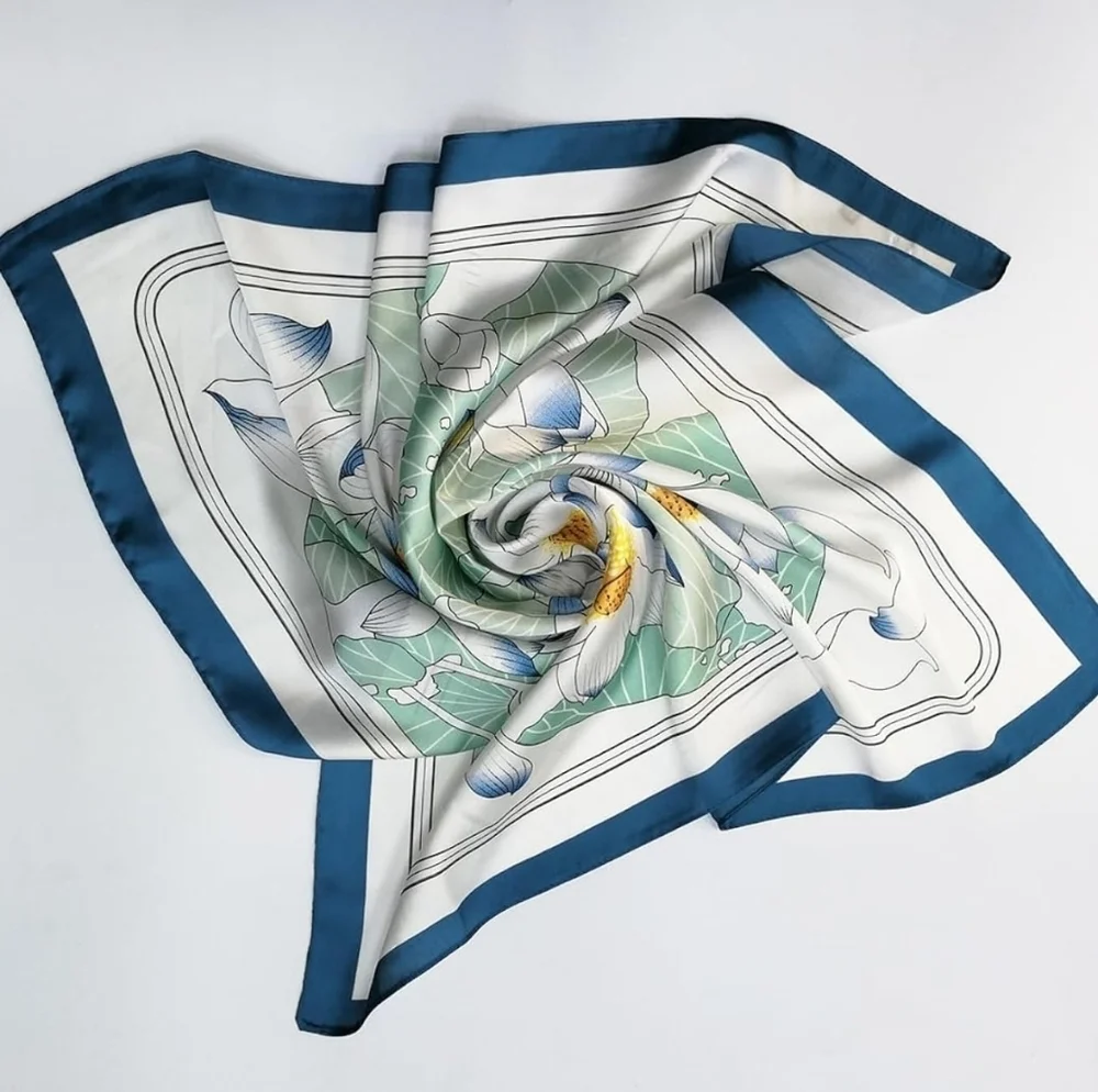 NWT Elegant Lotus Flower Satin Square Scarf - Blue & White 27